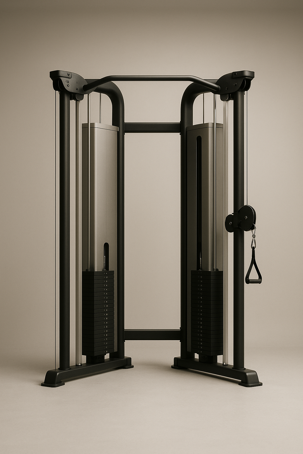A dual-column cable crossover station in matte black with light anodised shrouds, weight stacks visible and a single stirrup handle hanging from the right pulley