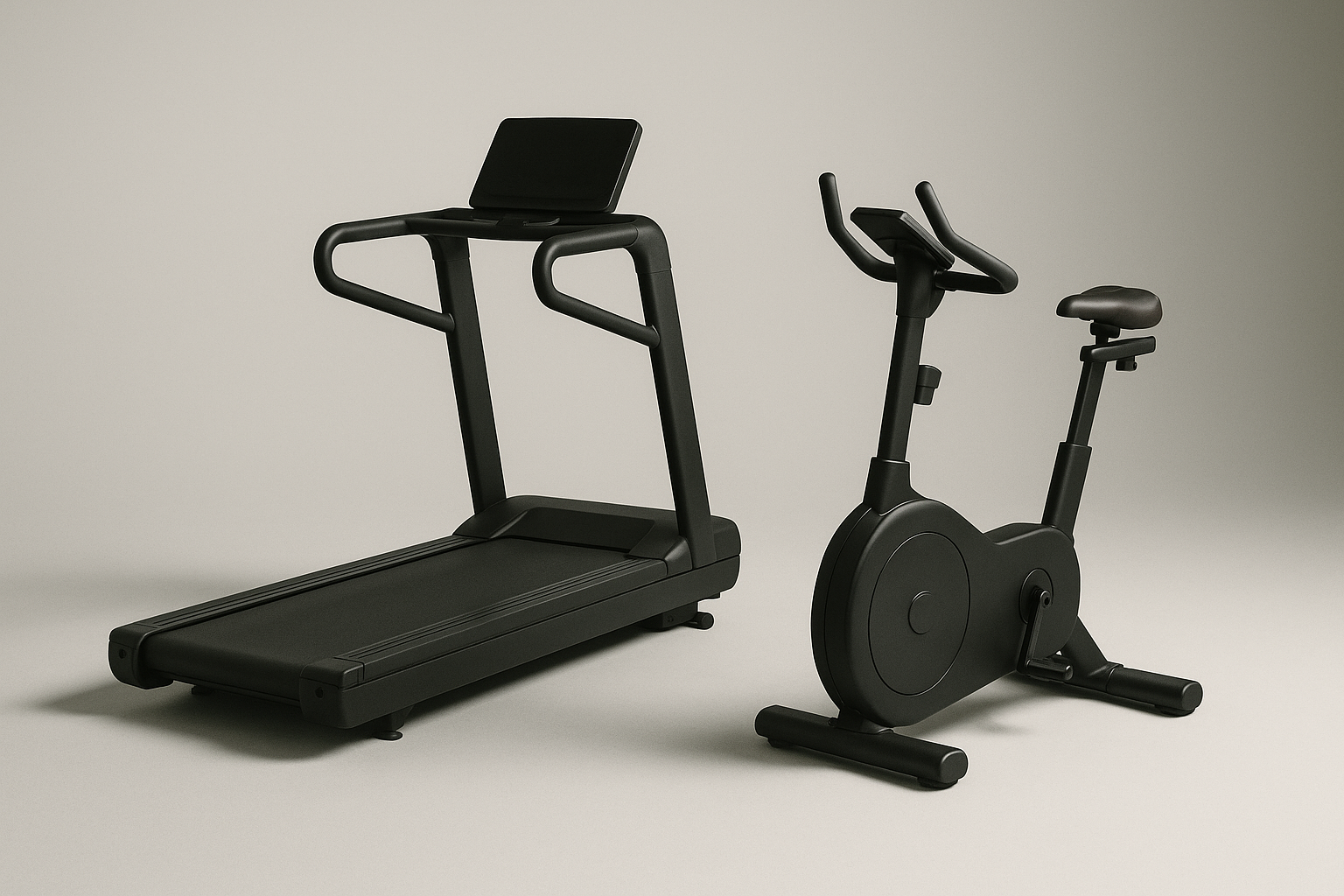 A matte black treadmill and an upright stationary bike standing side by side on a plain studio background