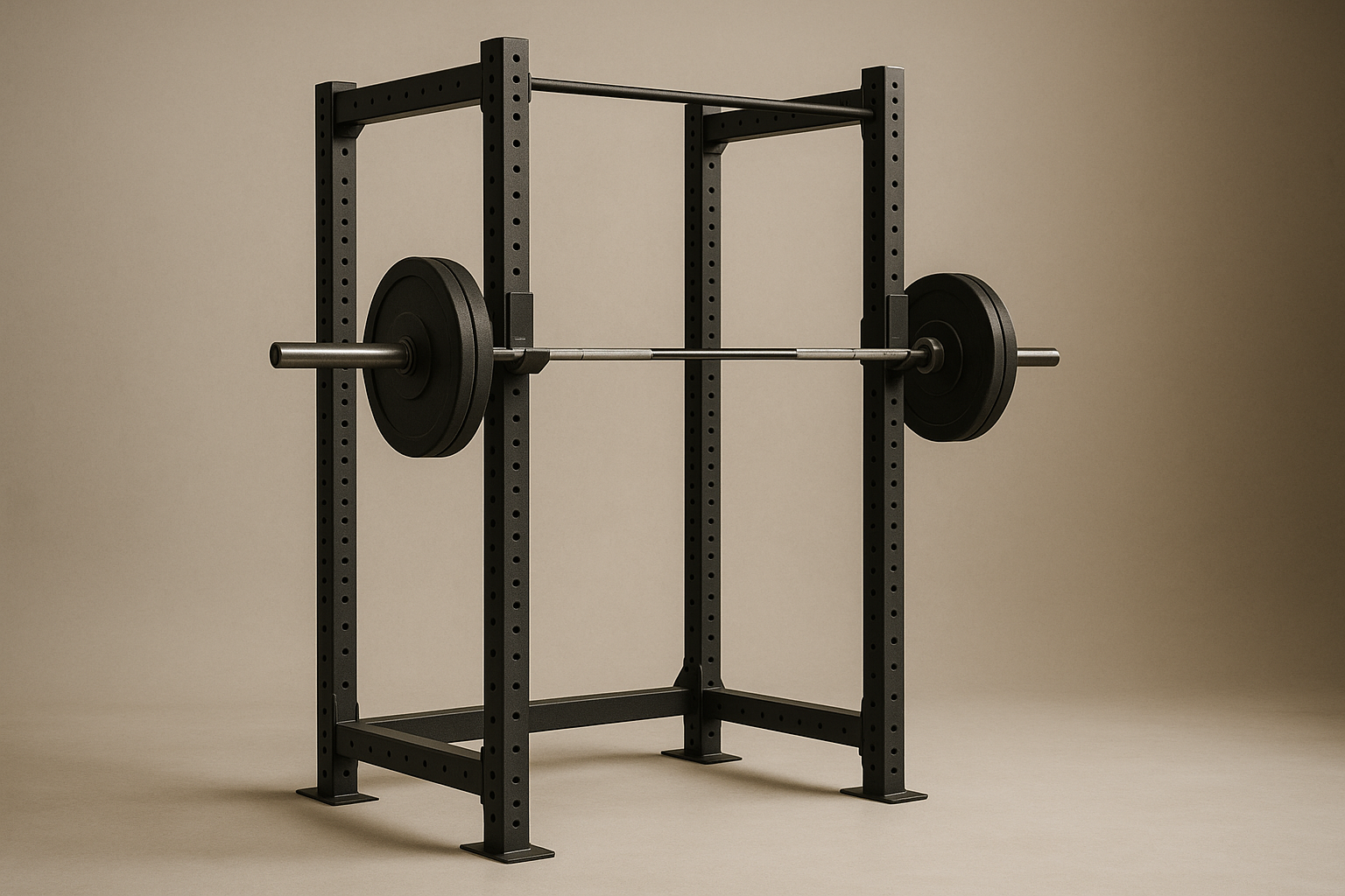 A matte black steel power rack photographed in a studio, a knurled barbell racked on the J-hooks with a black bumper plate loaded on each side