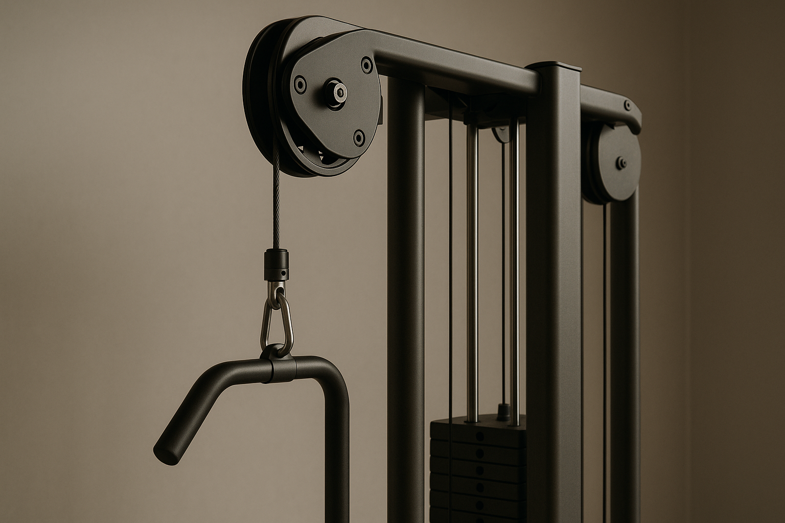 Close view of a cable station, focused on the upper pulley head with its brushed steel cable, machined pulley wheel and black anodised housing
