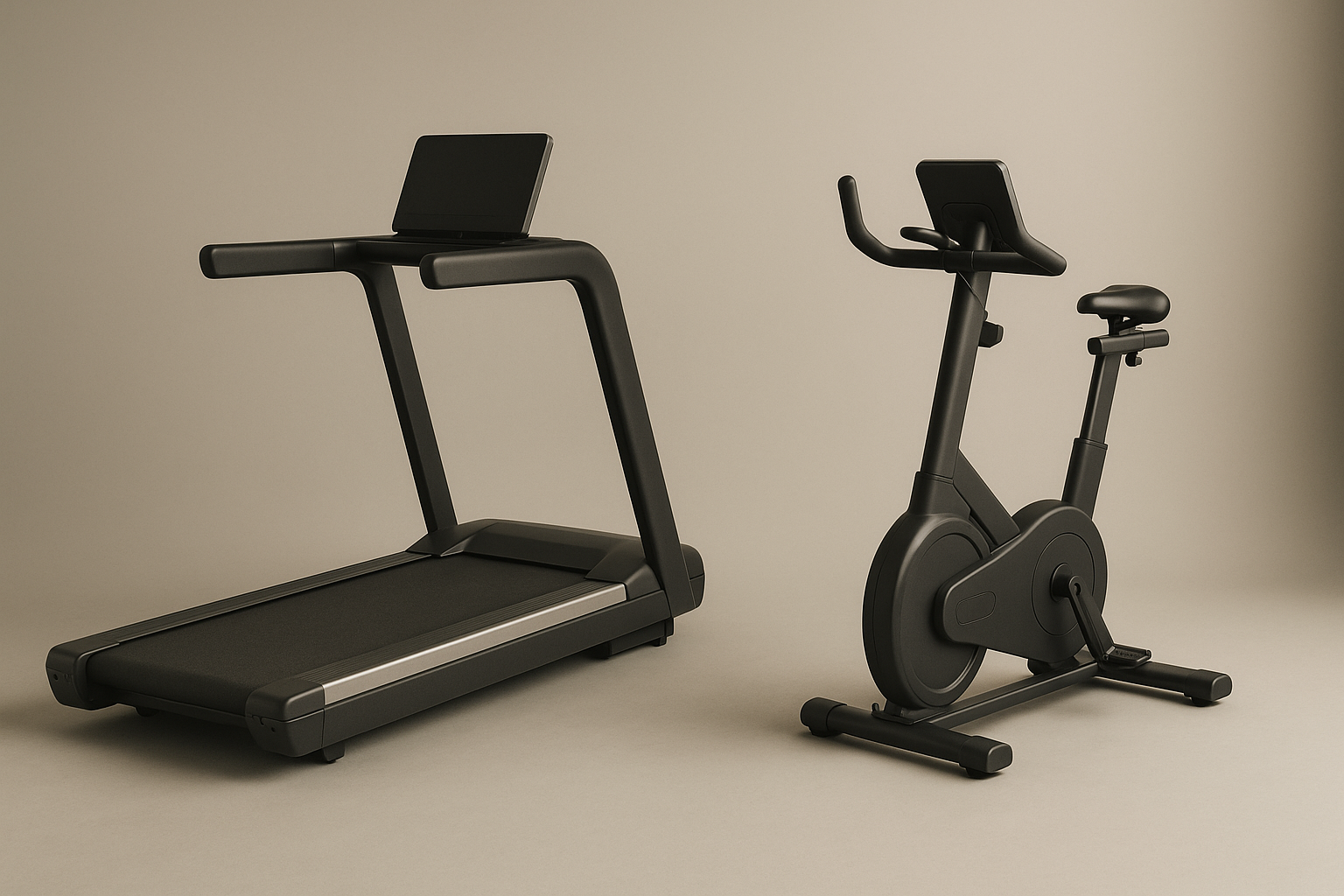 A matte black treadmill with a slate running belt beside an upright stationary bike with a covered flywheel, both on a plain studio background