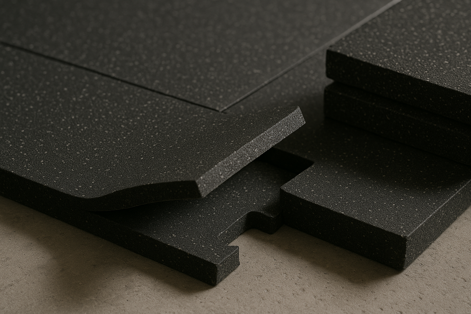Black rubber gym flooring tiles with fine grey fleck laid over a concrete subfloor, one tile lifted at the corner to show its thickness and interlocking edge