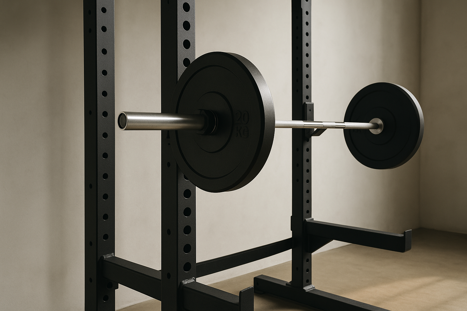 Close view of a matte black power rack, showing the texture of the powder coating, the laser-cut adjustment holes and a chrome barbell resting on machined J-hooks