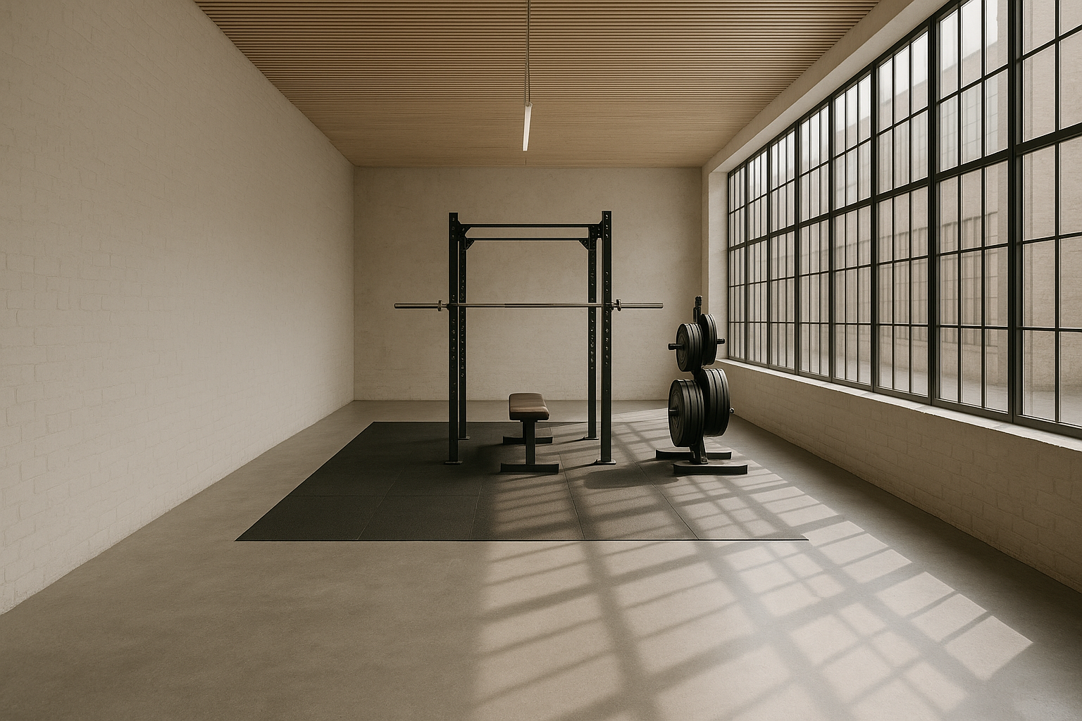 A calm, well-lit training room with a matte black power rack, a bench and a plate tree spaced widely across a polished concrete floor, daylight falling through tall factory windows